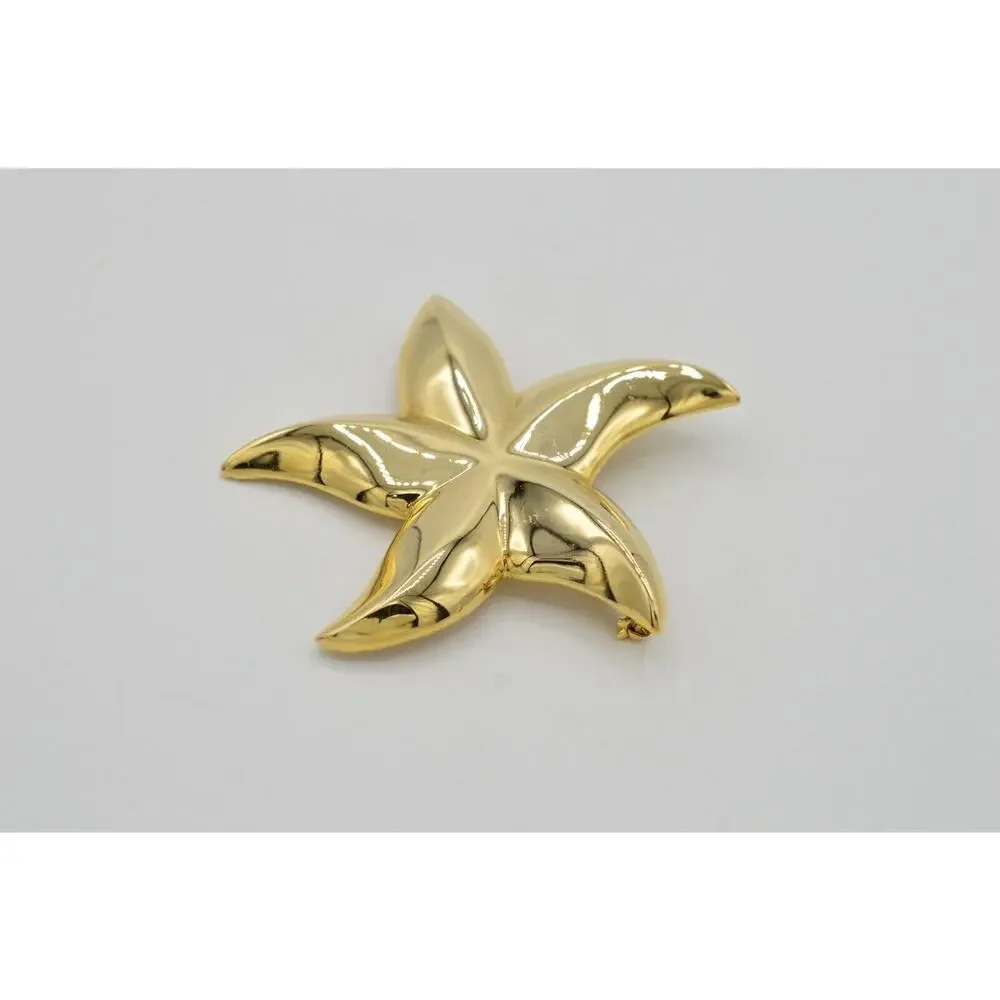 Vintage Star Flower Pin Brooch Large Starfish Gold Tone Chunky NOS 1980s 9B